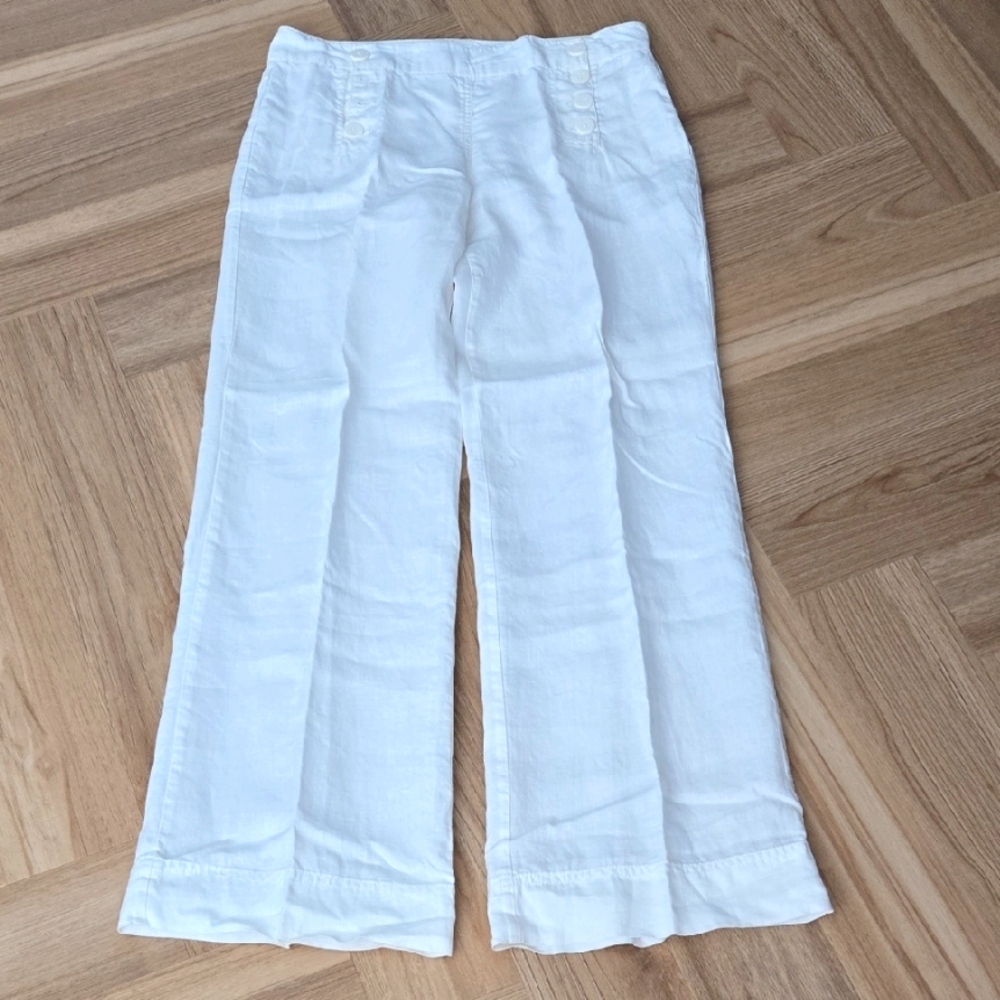 Max Studio White Wide-Leg Linen Trousers with Button Waist